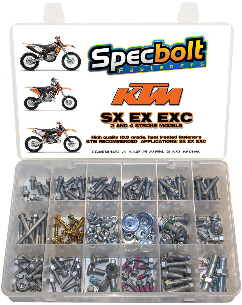 Specbolt Fasteners 250pc Specbolt Brand Bolt Kit for Maintenance & Upkeep for: KTM SX SX-F EXC EXC-F XC XC-F XCF-W XC-W MXC & Freeride, 2 Strokes 50 60 65 85 105 125 250 300 550, 4 Strokes 250 350 400 450 500 520 525 - Image 1